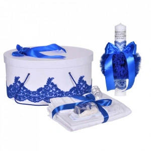 Set botez trusou, lumanare cu mesaj si cutie trusou decor dantela lata Albastra, Denikos® C1125