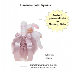 Set elegant trusou botez, cutie trusou si lumanare personalizata cu nume, decor dantela Roz pudra cu iepuras, Denikos® 947 - Img 2