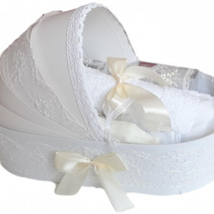 Set lumanare botez cu mesaj si trusou botez in landou, decor dantela ivory lata, Denikos® C1061 - Img 3