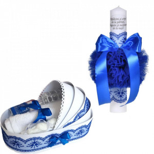 Set lumanare botez cu mesaj si trusou botez in landou, decor dantela albastra lata, Denikos® C1065