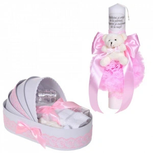 Set lumanare botez cu mesaj si ursulet si trusou botez in landou, decor dantela roz ingusta, Denikos® C1085