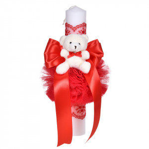 Set lumanare botez cu ursulet si trusou botez in landou, decor dantela rosie ingusta, Denikos® C1108 - Img 2