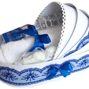 Set lumanare botez personalizata cu mesaj, trusou complet in landou decorat cu dantela si set baita cu nasii dupa botez pentru baiat, culoare albastru, Denikos NK143 - Img 3