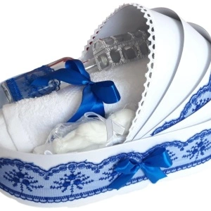 Set lumanare botez personalizata cu mesaj, trusou complet in landou decorat cu dantela si set baita cu nasii dupa botez pentru baiat, culoare albastru, Denikos NK143 - Img 3
