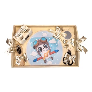 Set tava mot panda aviator, baietel 1 an, fundite crem / ivoire cu buline Denikos® TV004