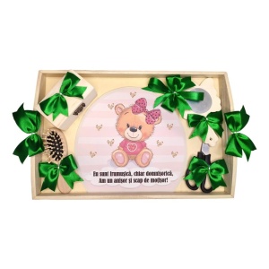 Set tava mot ruperea turtei tema Ursulet, fetita, funda Verde, Denikos® TV083