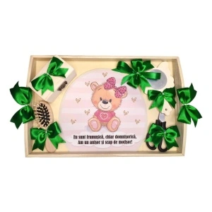 Set tava mot ruperea turtei tema Ursulet, fetita, funda Verde, Denikos® TV083
