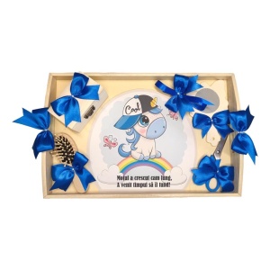 Set tava mot tema Unicorn, baietel 1 an, fundite albastre, Denikos® TV053
