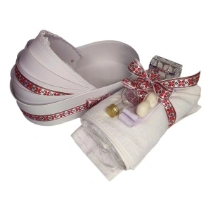 Set trusou botez complet in landou decorat traditional, set prima baita dupa botez cu mirodenii pentru fetita, lumanare cu motive populare romanesti, rosu traditional, Denikos NK153 - Img 5