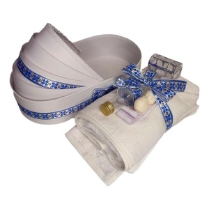 Set trusou botez in landou decorat traditional, set prima baita dupa botez cu nasii, lumanare cu motive populare romanesti, albastru traditional, Denikos NK155 - Img 5