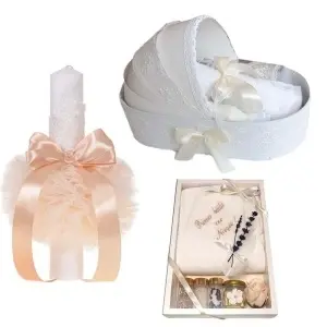 Set trusou in landou, lumanare botez dantela si set pentru prima baita dupa botez, culoare crem / ivoire, Denikos NK125
