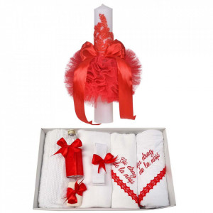Trusou botez cu mesaj si lumanare eleganta glob cu dantela, decor rosu, Denikos® 745