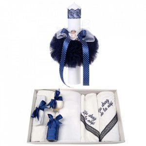 Trusou botez cu mesaj si lumanare glob cu Ingeras, decor bleumarin, Denikos® 548