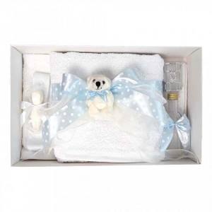 Trusou botez fundita bleu cu buline, cu ursulet, Denikos® 37