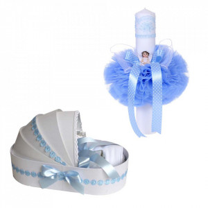 Trusou botez in landou si lumanare cu ingeras, decor bleu Denikos® 111