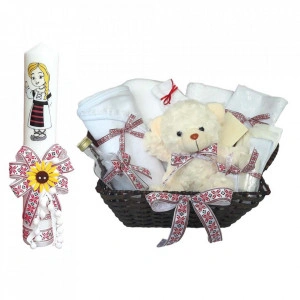 Cos cadou botez trusou si lumanare, tarancuta, decor traditional, Denikos® 006