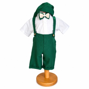 Costum botez baiat verde cu pantaloni trei sferturi cu bretele, camasa tip body, papion si bascuta eleganta, Denikos® H045