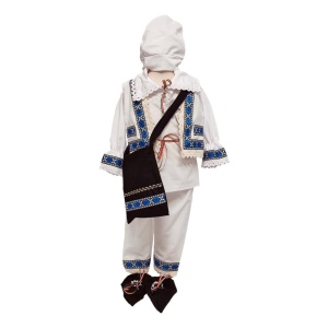 Costum botez national pentru baieti, alb, decor albastru, 6 piese, Denikos®PTB06