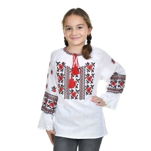 Ie traditionala fete, alba, broderie cu motive florale, traditionale romanesti, Denikos®TD243