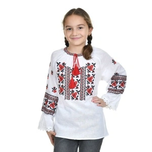 Ie traditionala fete, alba, broderie cu motive florale, traditionale romanesti, Denikos®TD243