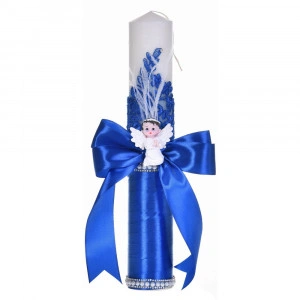 Lumanare botez eleganta decor albastru dantela, ingeras cu pene si fundita asortata, Denikos® C1180