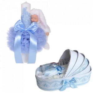 Lumanare botez glob iepuras pufos si trusou botez in landou, decor Bleu, Denikos® 765