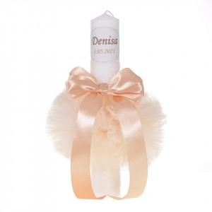 Lumanare botez personalizata, decor crem / ivoire cu tul si dantela, Denikos® 724