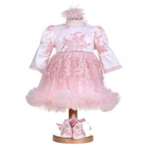 Rochie botez fete, cu volanas, culoare alb-roz, 3 piese, Denikos® H032