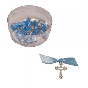 Set 25 cruciulite botez fundita bleu si cutie cadou Denikos® CB-22