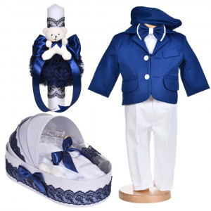 Set botez, costum botez baietel albastru dichisit, 5 piese, trusou botez si lumanare cu ursulet, Denikos® C1158