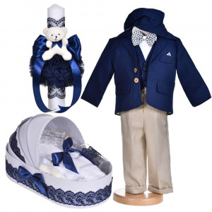 Set botez, costum botez baieti, 5 piese, trusou botez si lumanare cu ursulet, decor bleumarin, Denikos® C1152
