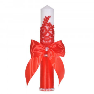 Set botez elegant, lumanare margelute si si trusou botez in landou, decor dantela rosie ingusta, Denikos® C9307 - Img 5