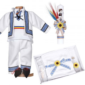Set botez traditional baiat, trusou botez national, lumanare si costum popular, Denikos® C9299