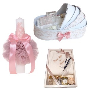 Set lumanare botez cu dantela si funda, trusou complet in landou pentru botez si set baita cu nasii dupa botez pentru fetita, culoare roz prafuit, Denikos NK128 - Img 1