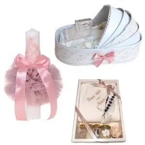 Set lumanare botez cu dantela si funda, trusou complet in landou pentru botez si set baita cu nasii dupa botez pentru fetita, culoare roz prafuit, Denikos NK128