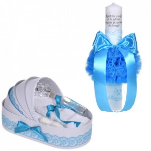 Set lumanare botez cu mesaj si trusou botez in landou, decor dantela turcoaz ingusta, Denikos® C1075
