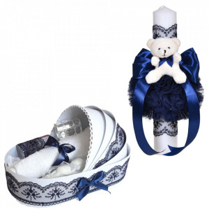 Set lumanare botez cu ursulet si trusou botez in landou, decor dantela bleumarin lata, Denikos® C1102