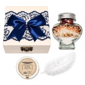 Set prima baita dupa botez cu nasii pentru baiat - Cutie eleganta, sapun, fulg si borcanel cu ingrediente traditionale, decor bleumarin, Denikos® NK104