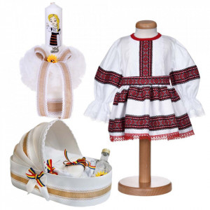 Set rochita traditionala fetita, trusou botez landou si lumanare, decor national, Denikos® 1061