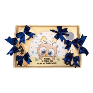 Set tava mot bufnita simpatica, baietel 1 an, fundite Bleumarin, Denikos® TV009