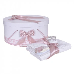 Set trusou botez si cutie trusou, dantela si fundite, decor Roz pudra, Denikos® 839