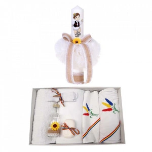 Trusou botez baietel, brodat si lumanare, decor tricolor, Denikos® 122