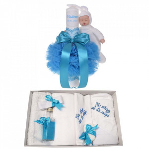 Trusou botez cu mesaj si lumanare botez personalizata, decor turcoaz cu iepuras, Denikos® 795