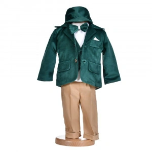 Costumas botez baiat, catifea, verde inchis, 5 piese, Denikos® H017