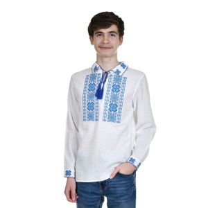 Ie camasa nationala baiat, alba, broderie bleu motive traditionale romanesti, Denikos®TD238