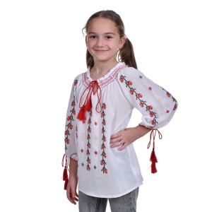 Ie traditionala fetita, alba, broderie floricele rosii, marime unica, 7-10 Ani, Denikos®TD227