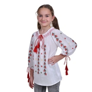 Ie traditionala fetita, alba, broderie floricele rosii, marime unica, 7-10 Ani, Denikos®TD227