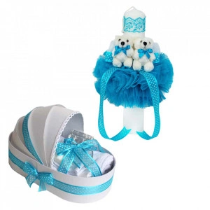 Lumanare botez glob cu ursuleti si trusou botez in landou, decor Turcoaz, Denikos® 593