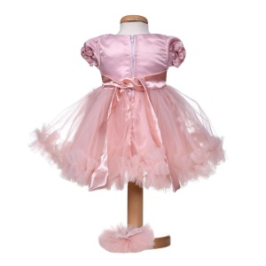Rochita botez maneca scurta pentru fetita, roz pudra cu dantela, tulle si bentita - tinuta eleganta pentru botez Denikos® H048 - Img 2