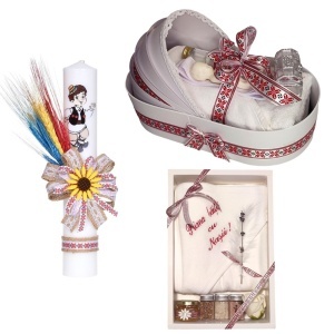 Set botez baietel traditional cu lumanare, trusou in cutie landou si set baita a doua zi – rosu traditional, Denikos NK154-S